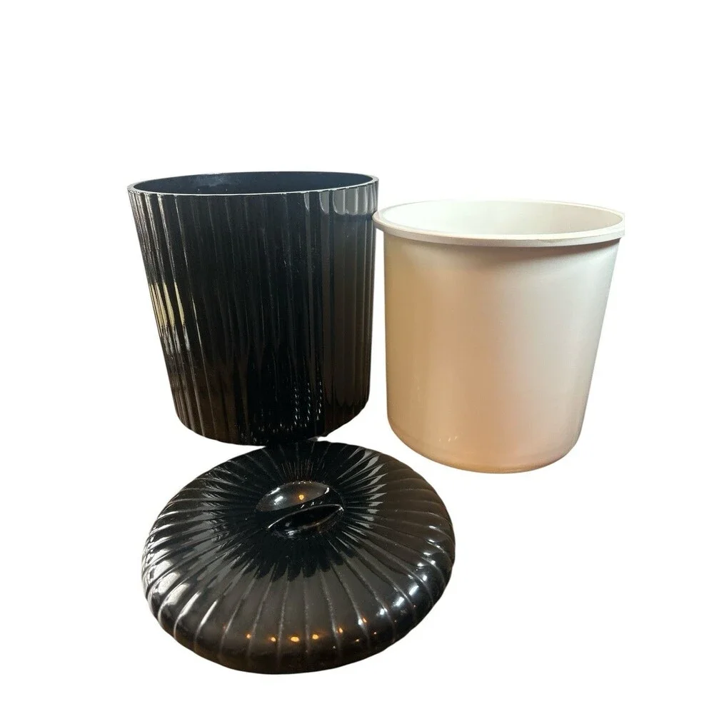 Vintage Black Ribbed Ice Bucket Removable Insert Georges Briard Japan Bar